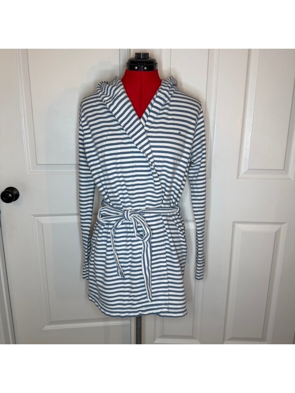 Y2K Aerie Blue White Striped Hooded Long Sleeve Short Robe Womens Small